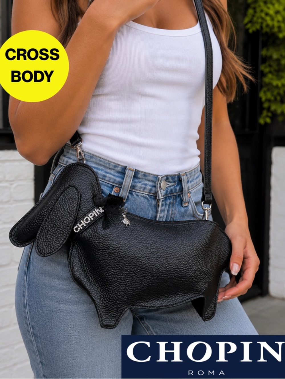 CHOPIN ROMA 🐾 NEW Black Leather Dachshund Crossbody Bag - 9 x 14” inches